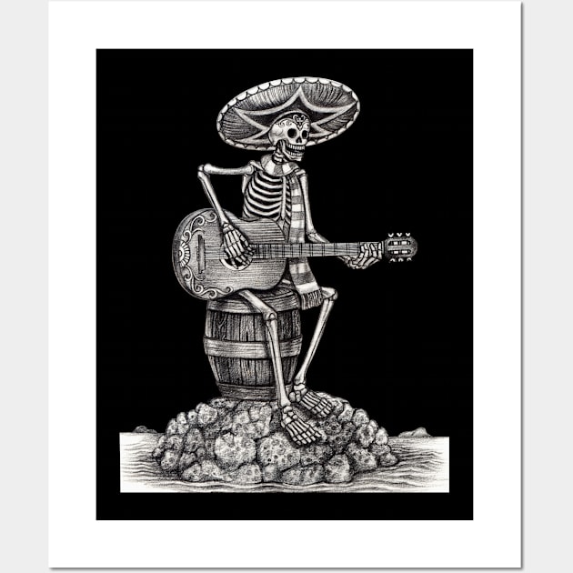 Sugar skull playing guitar on an island day of the dead. Wall Art by Jiewsurreal